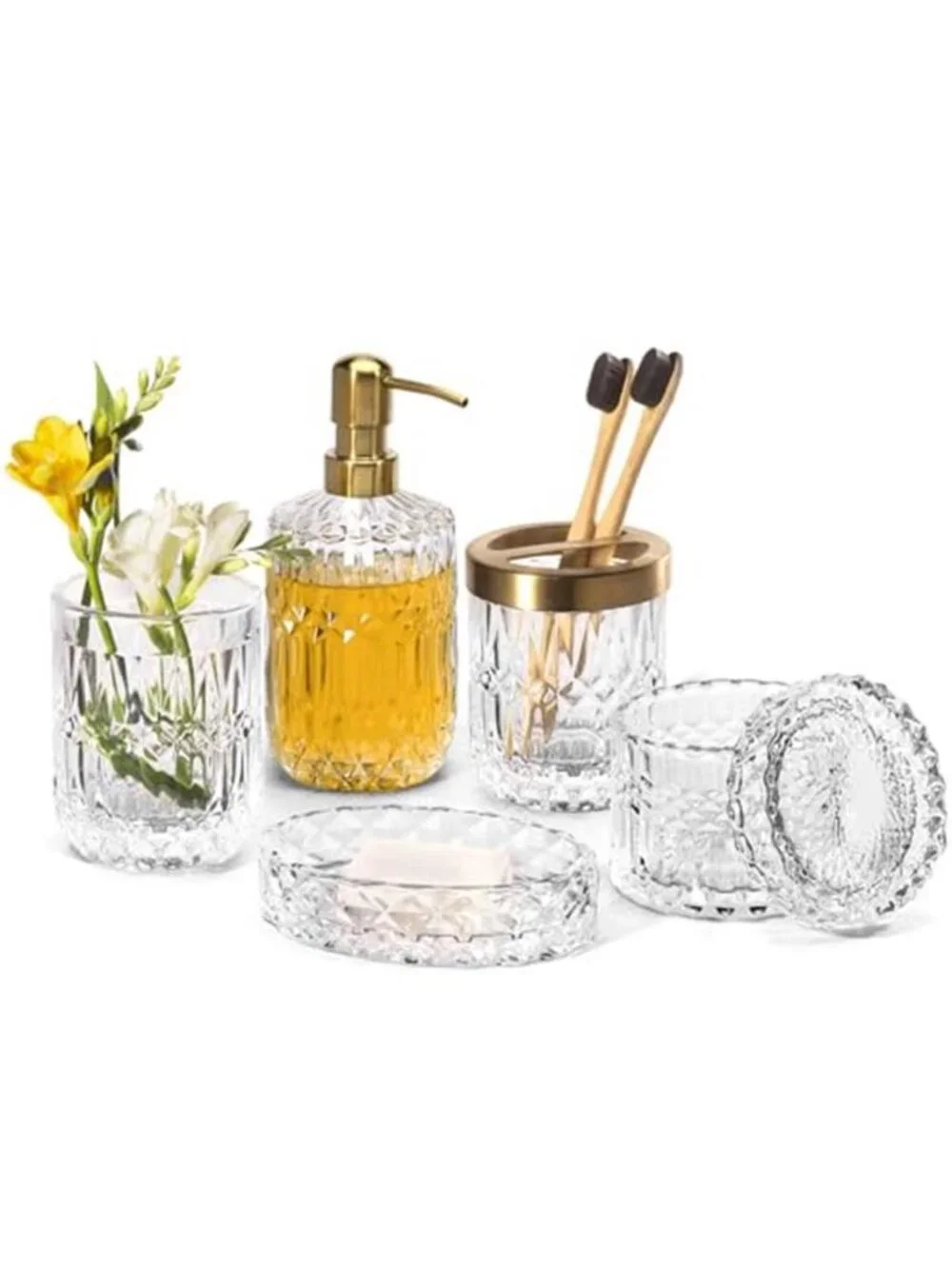 6PCS Bathroom Clear Glass Accessories Set Lotion Soap Dispenser, Soap Dish